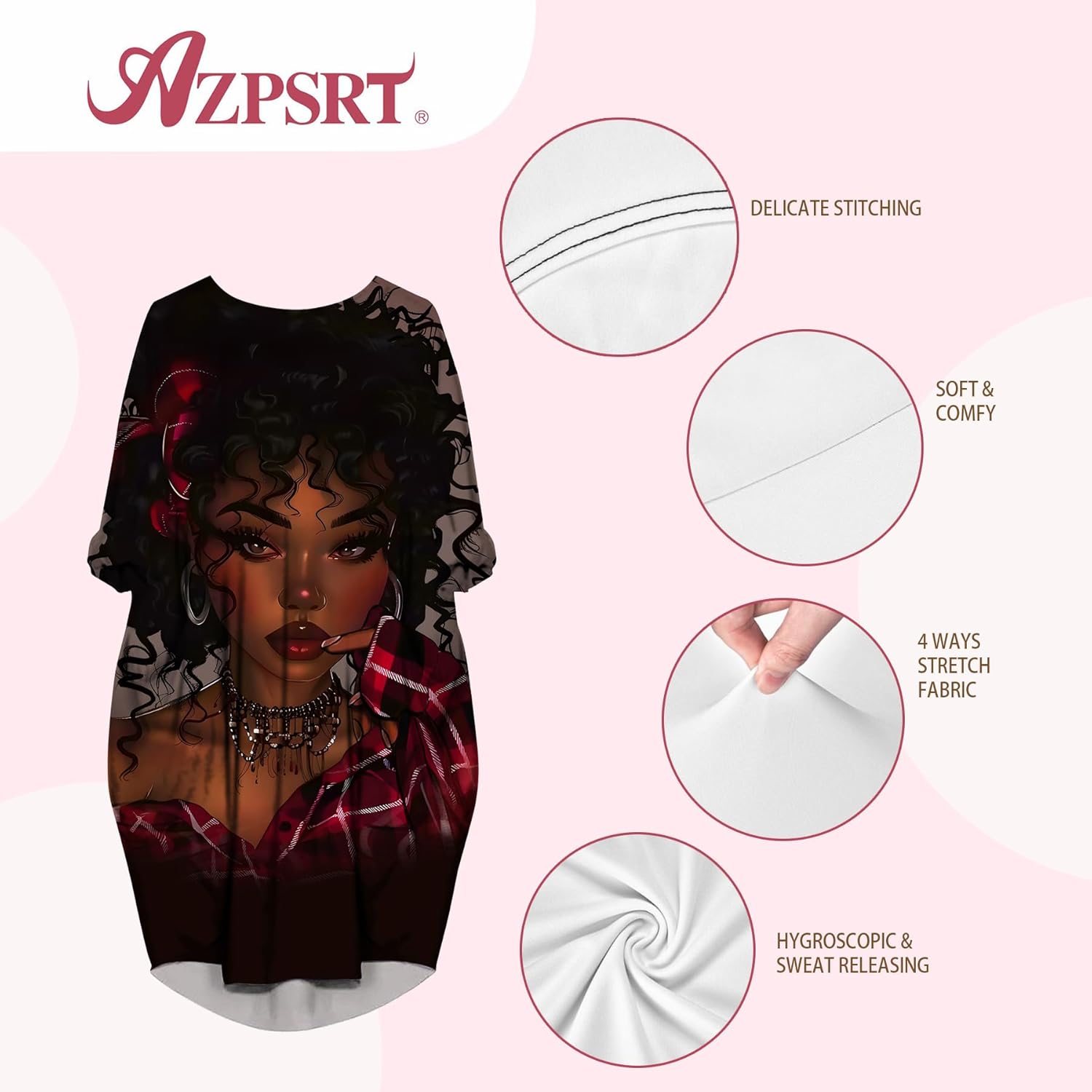 AZPSRT Fashion Women's African American Art Print Dress Casual Loose Dresses