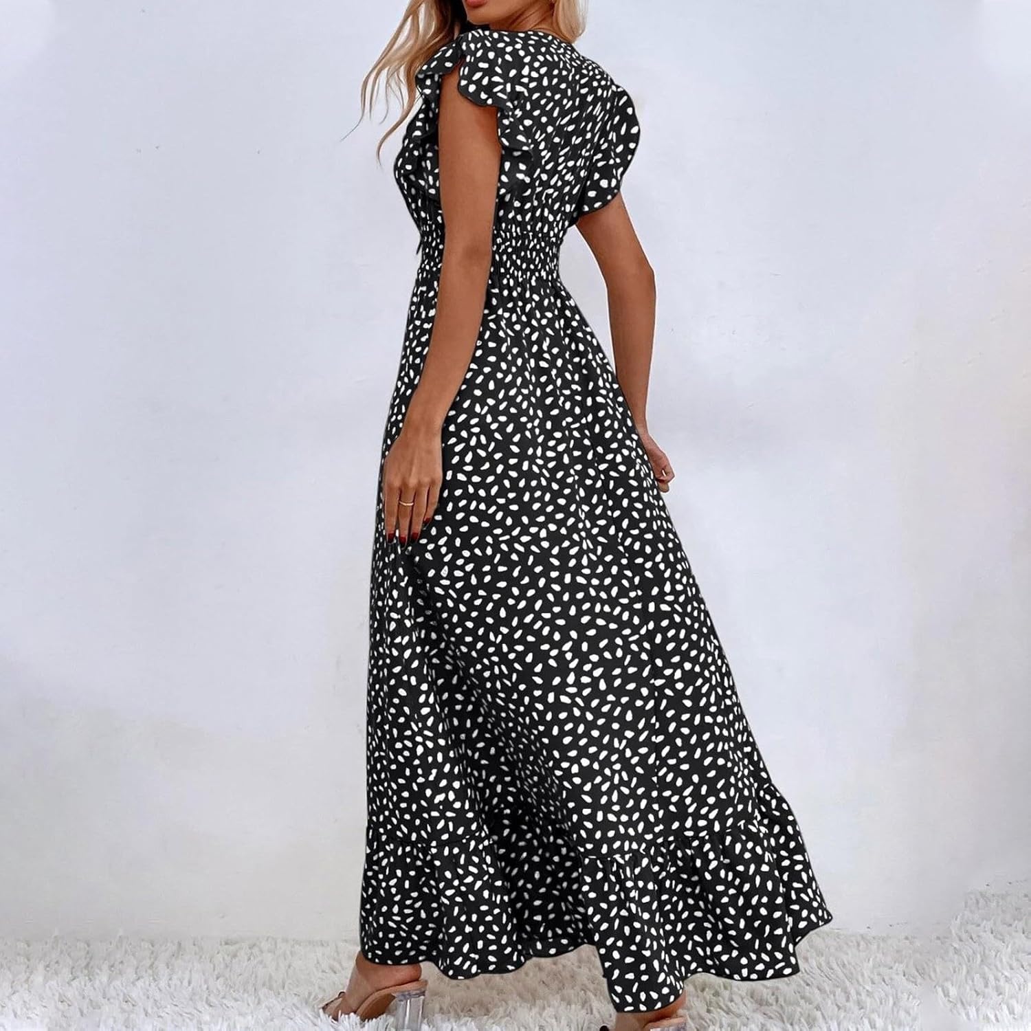 2024 Womens Summer Dresses Casual Boho Floral Ruffle Sleeve Midi Dresses Trendy Tie Waist V-Neck Sundress Beach Dress