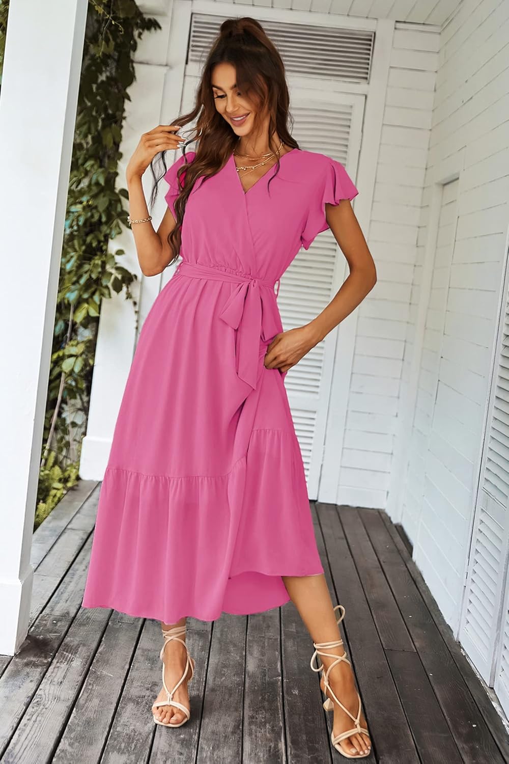 PRETTYGARDEN Women's Summer Floral Boho Dress Wrap V Neck Short Sleeve Ruffle A-Line Flowy Maxi Wedding Guest Dresses