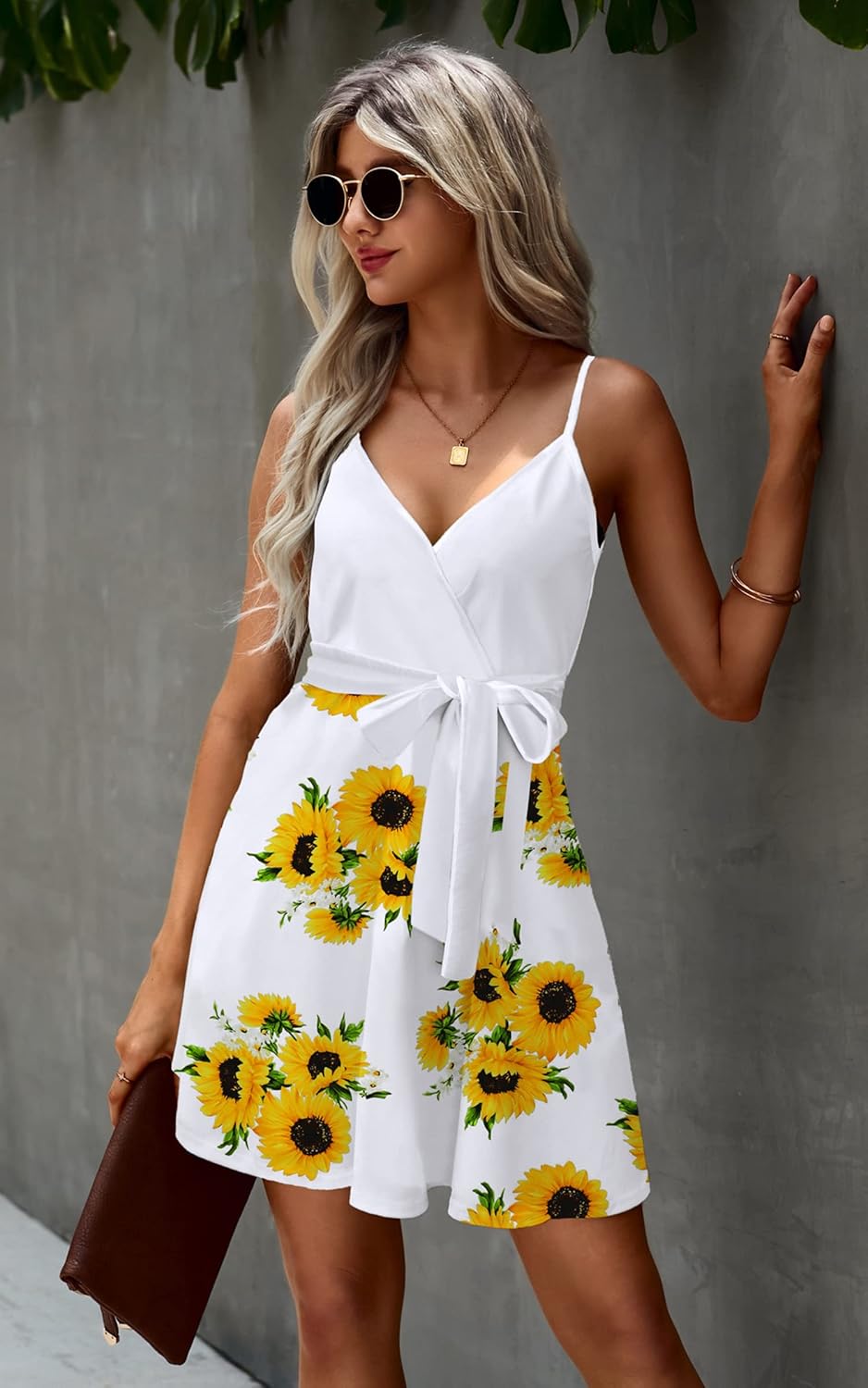 ECOWISH Summer Dresses for Women 2025 V-Neck Spaghetti Strap Bowknot Backless Sleeveless Lace Mini Swing Skater Dress