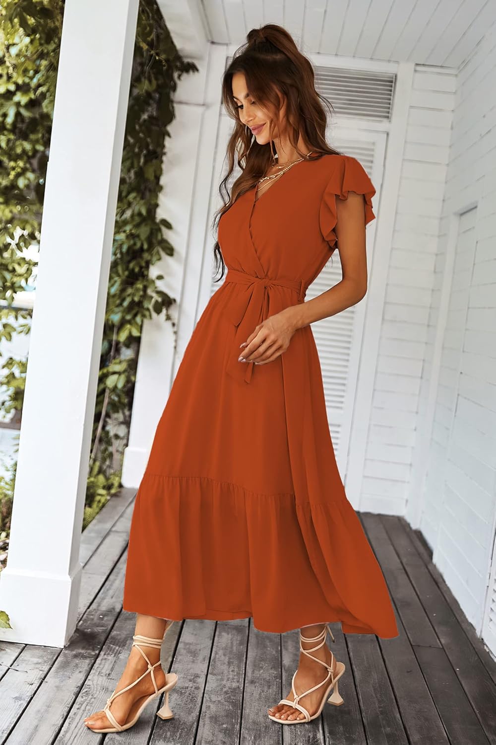 PRETTYGARDEN Women's Summer Floral Boho Dress Wrap V Neck Short Sleeve Ruffle A-Line Flowy Maxi Wedding Guest Dresses