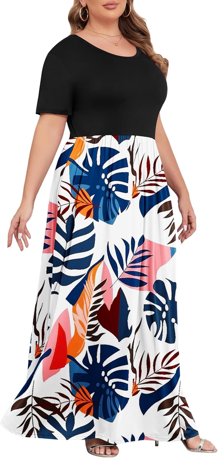 KARALIN Women’s Plus Size Maxi Dresses for Curvy Women Summer Casual Short Sleeve 2025 Long Dress 14W-26W