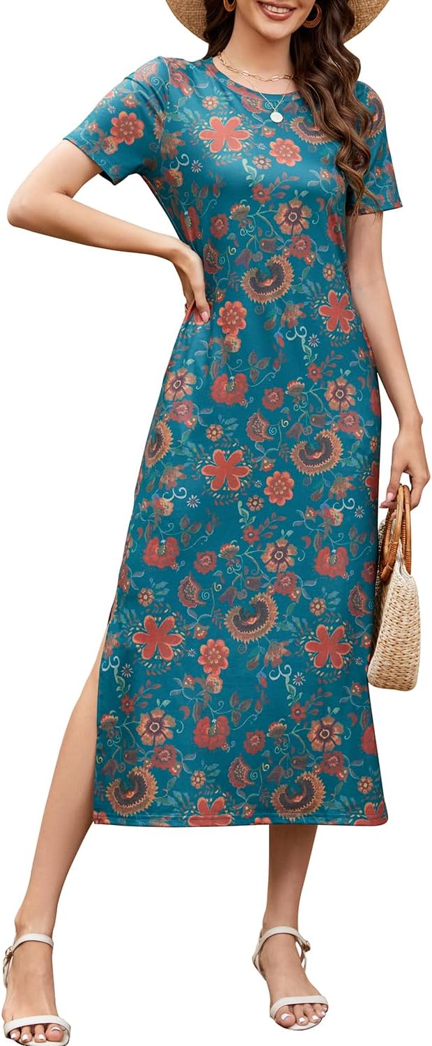 Naggoo Women's Short Sleeve Split Maxi Dress Casual Plain Tie Dye Print Tshirt Long Dresses with Pockets