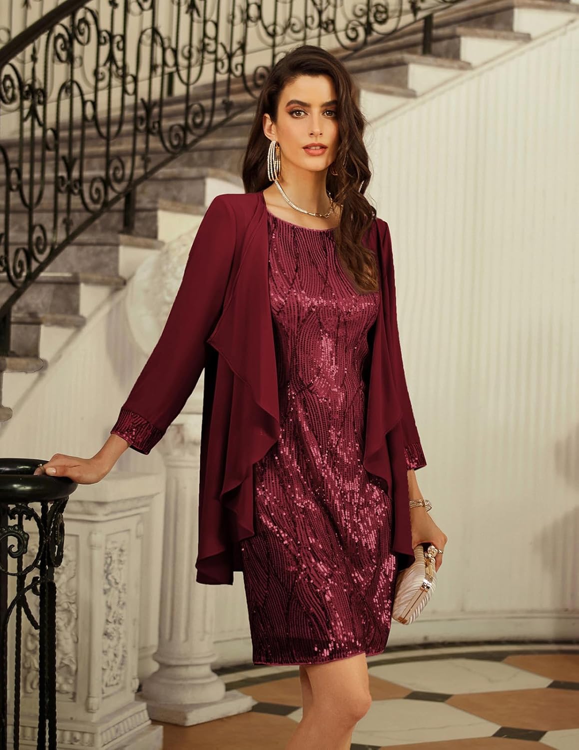 GRACE KARIN Sequin Dress for Women Knee Length Mother of the Bride Dresses Formal Dress Two Piece Dress with Chiffon Jacket