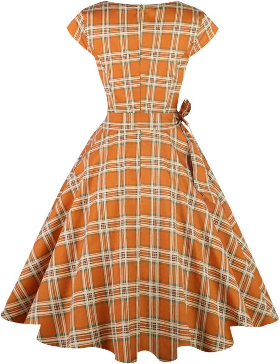 PUKAVT Women's 1950 Boatneck Cap Sleeve Vintage Swing Cocktail Party Dress with Pockets