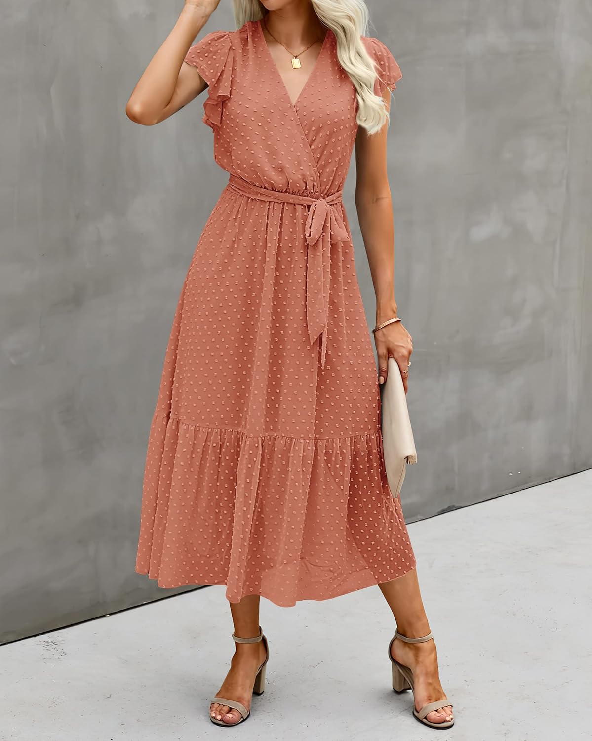 BTFBM Women Summer Bohemian Floral Casual Wrap V Neck Ruffle Cap Sleeveless Belt A-Line Pleated Hem Midi Sun Dress White