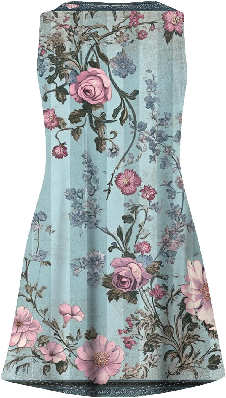 Women's Sleeveless Floral Print Summer Dress Casual V-Neck A-Line Mini Dress for Beach Party and Daily Wear
