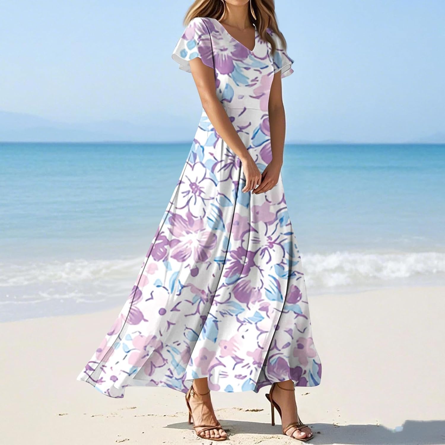 Womens Fashion V Neck Ruffle Short Sleeve Maxi Dress 2025 Summer Elegant Solid Color Flowy A Line Dresses