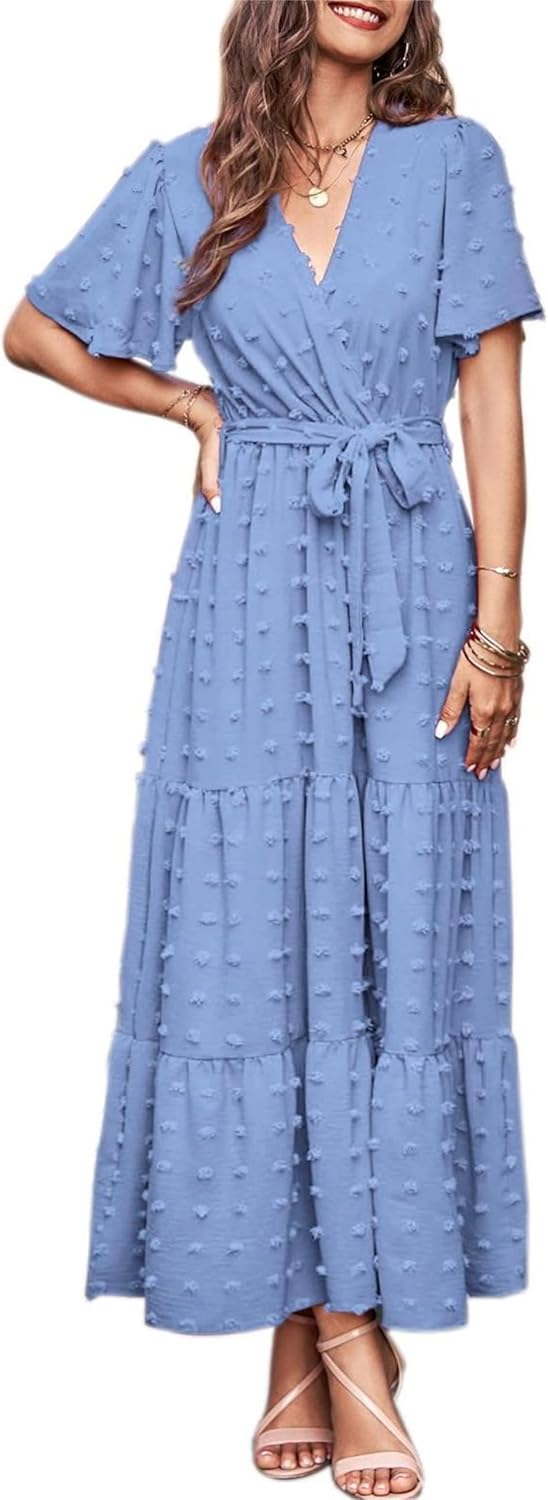 MASCOMODA Womens Boho Swiss Dot Maxi Dresses Wrap V Neck Flutter Short Sleeve Solid Tie Belt A Line Tiered Flowy Long Dress