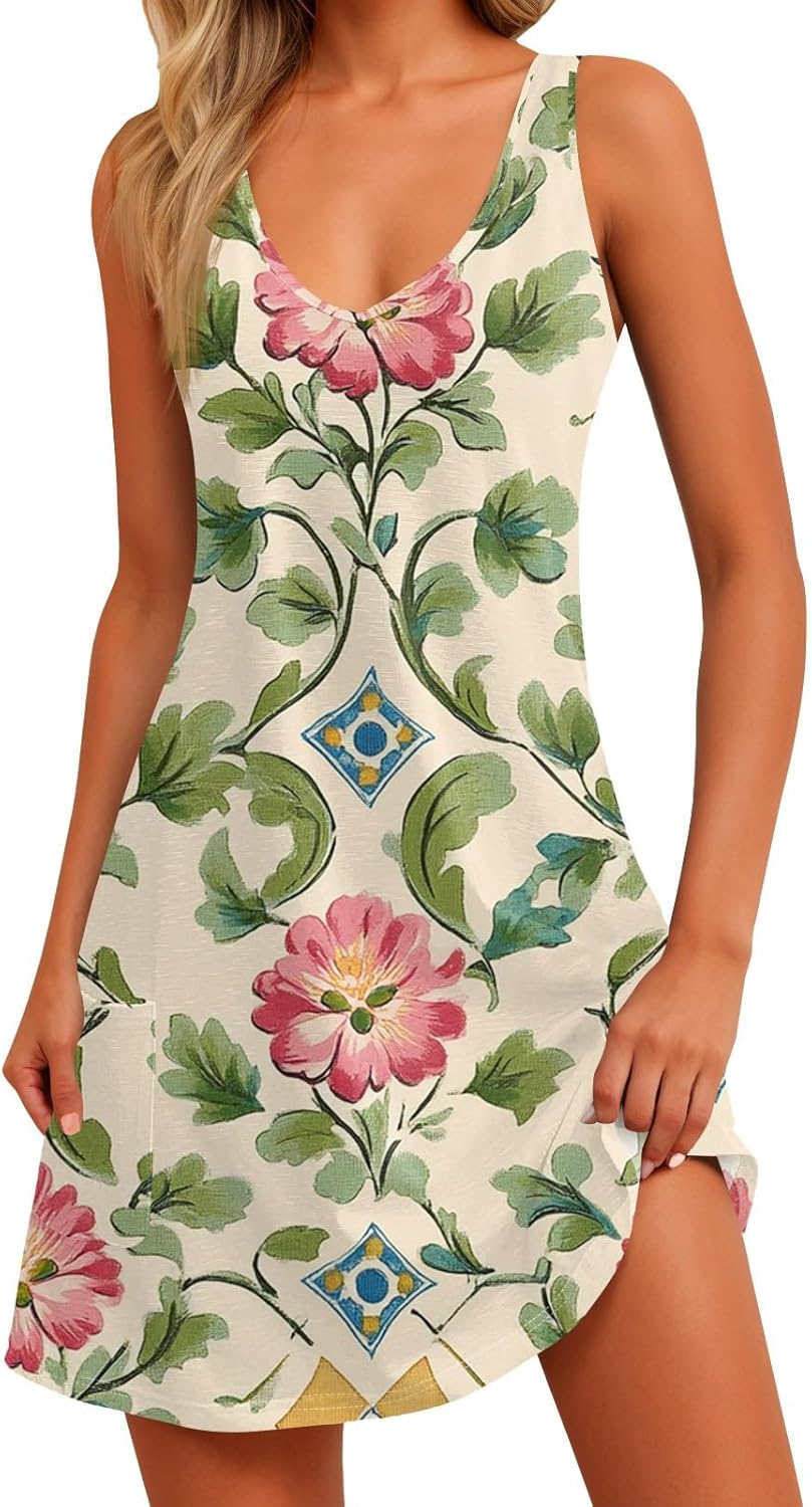 NBXNZWF Women Summer Casual Dress 2025 Casual Loose Sleeveless V-Neck Sundresses A Line Tshirt Beach Dresses with Pockets
