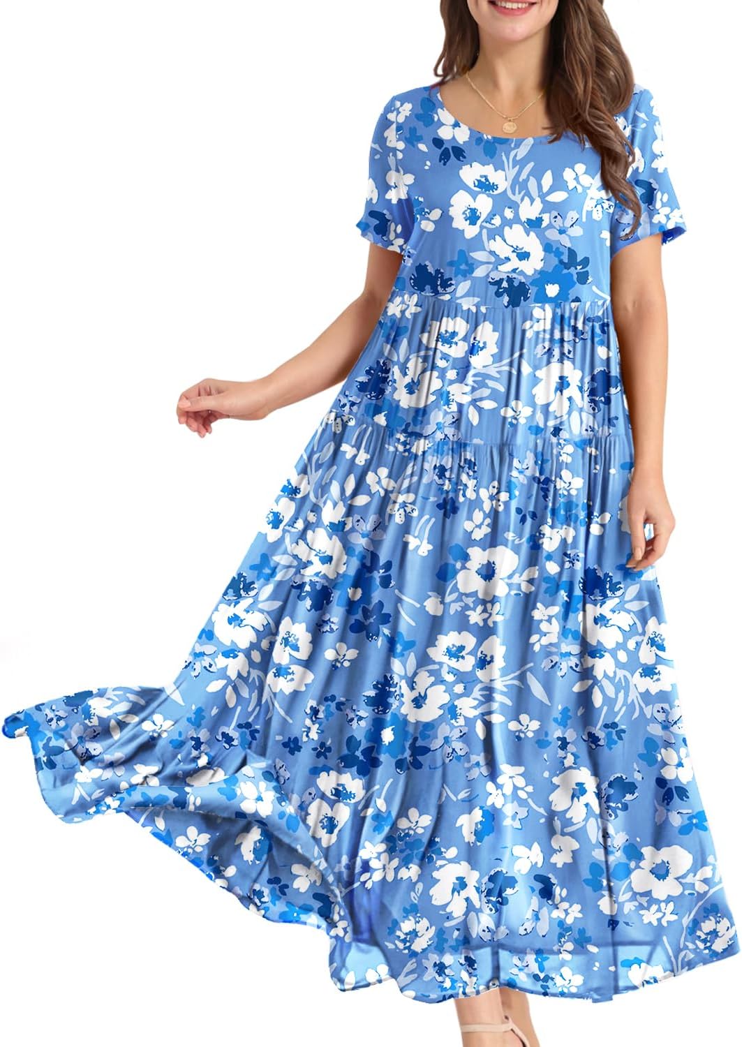 YESNO Women Casual Loose Bohemian Floral Dress with Pockets Short Sleeve Long Maxi Summer Beach Swing Dress EJF