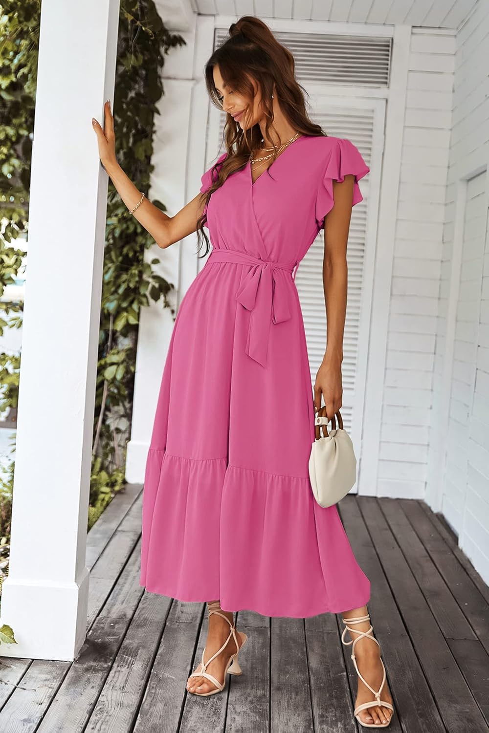 PRETTYGARDEN Women's Summer Floral Boho Dress Wrap V Neck Short Sleeve Ruffle A-Line Flowy Maxi Wedding Guest Dresses