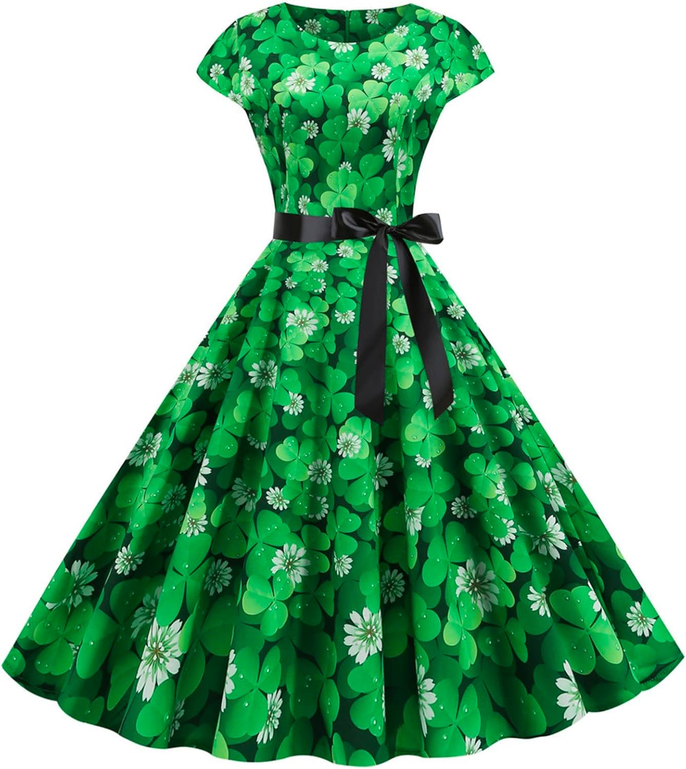 aihihe St Patricks Day Dress for Women A Line Pleated Hepburn Dress Lukcy Shamrock Print Irish Dress 2024 Vintage Dress