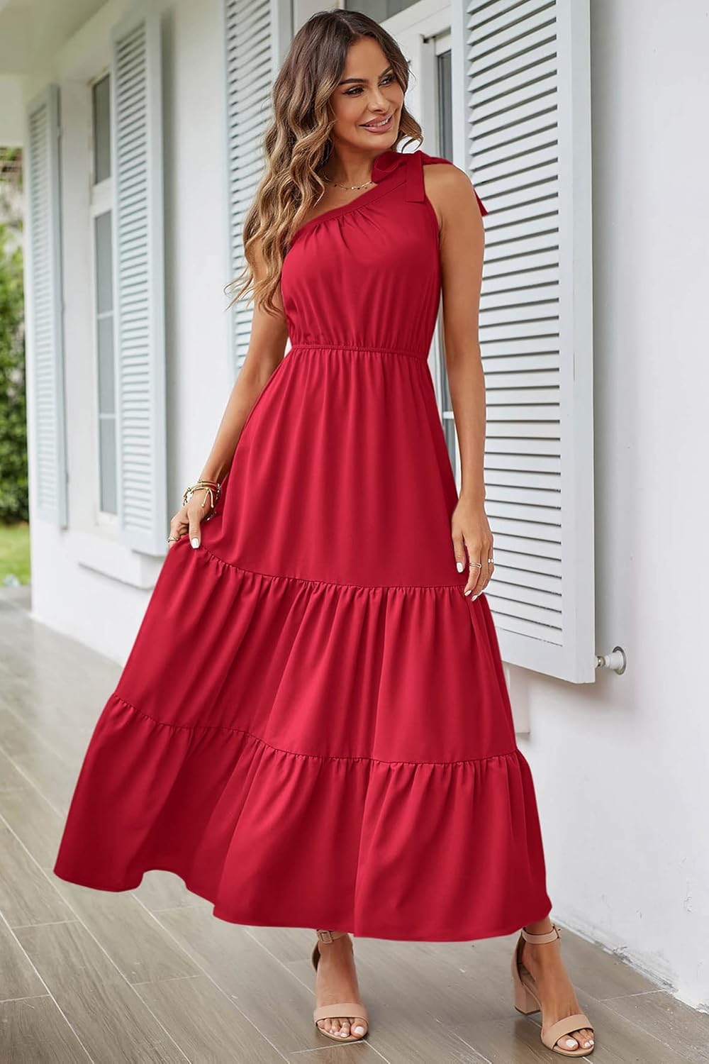 PRETTYGARDEN Women's Summer Floral Maxi Dress Knot One Shoulder Sleeveless Ruffle Flowy Boho Beach Wedding Guest Dresses