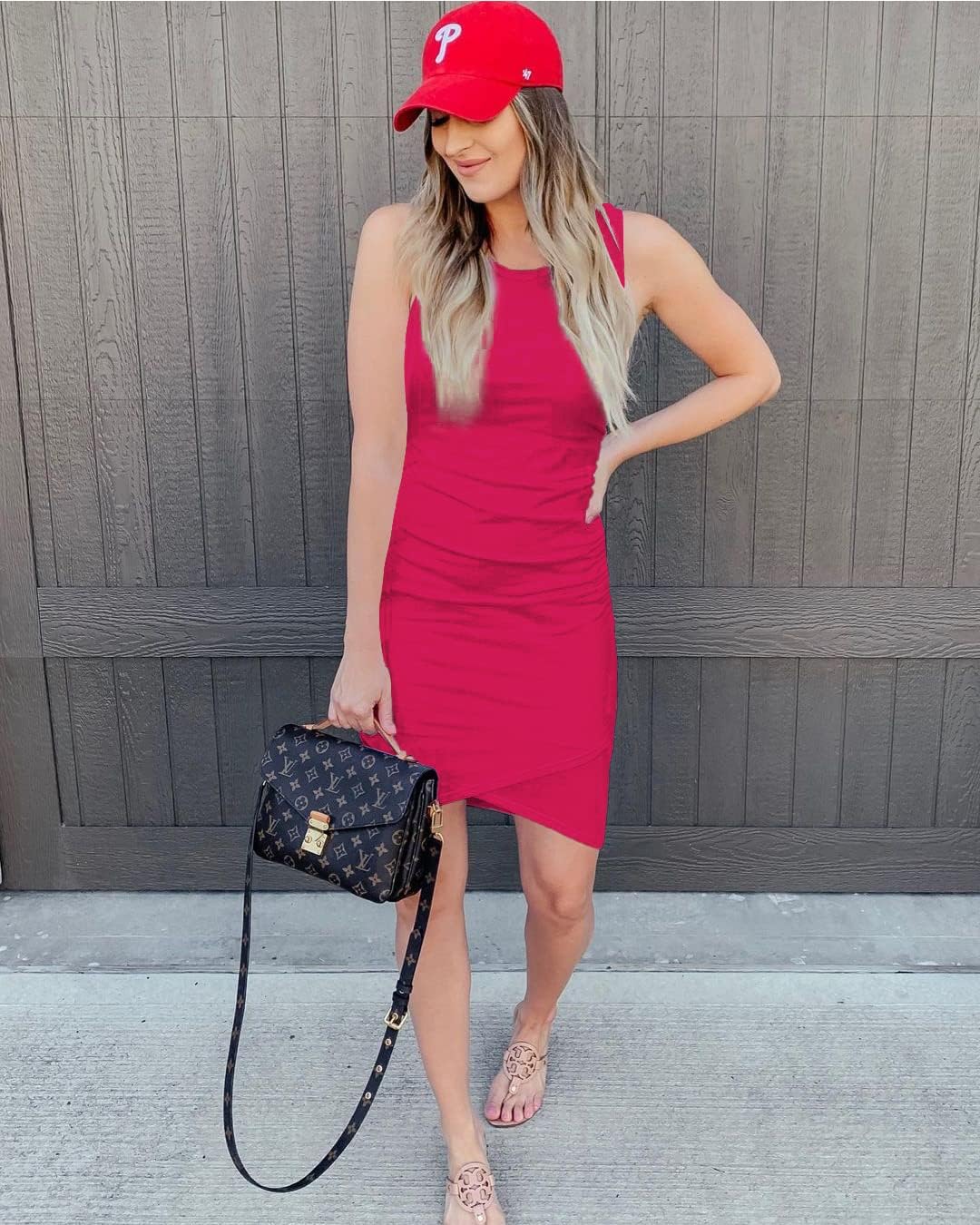 BTFBM Women 2025 Summer Sleeveless Tank Dresses Crew Neck Slim Fit Short Casual Ruched Bodycon Party Club Mini Dress