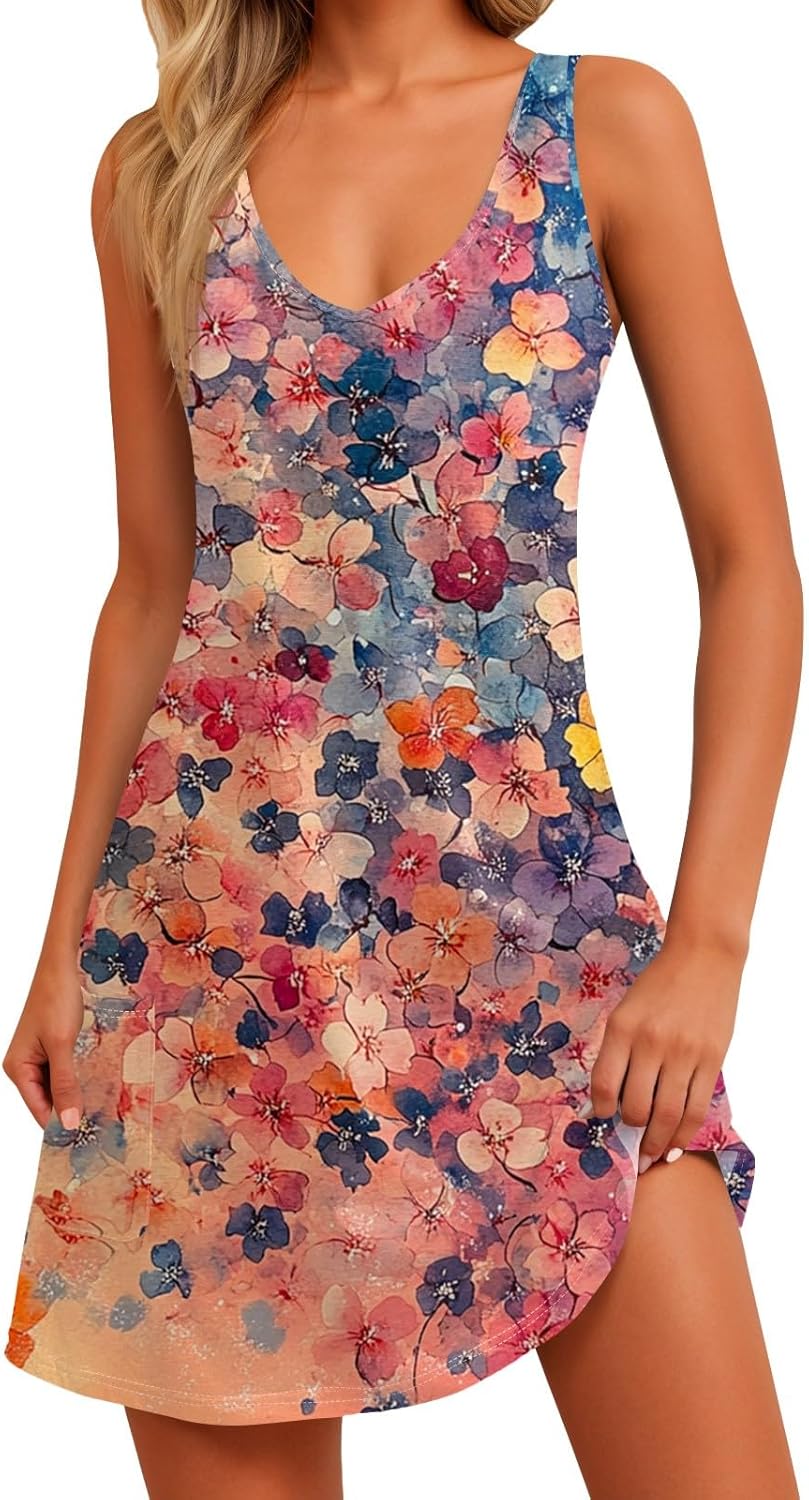 Women's Sleeveless Floral Print Summer Dress Casual V-Neck A-Line Mini Dress for Beach Party and Daily Wear