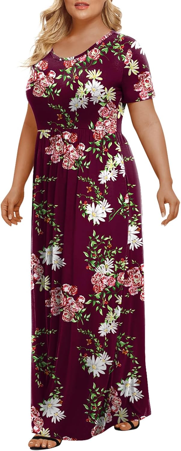 LONGYUAN Women's Plus Size Maxi Dresses for Curvy Women Summer Short Sleeve Casual 2025 Long Dress XL-6XL
