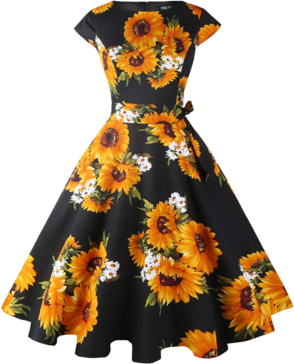 PUKAVT Women's 1950 Boatneck Cap Sleeve Vintage Swing Cocktail Party Dress with Pockets