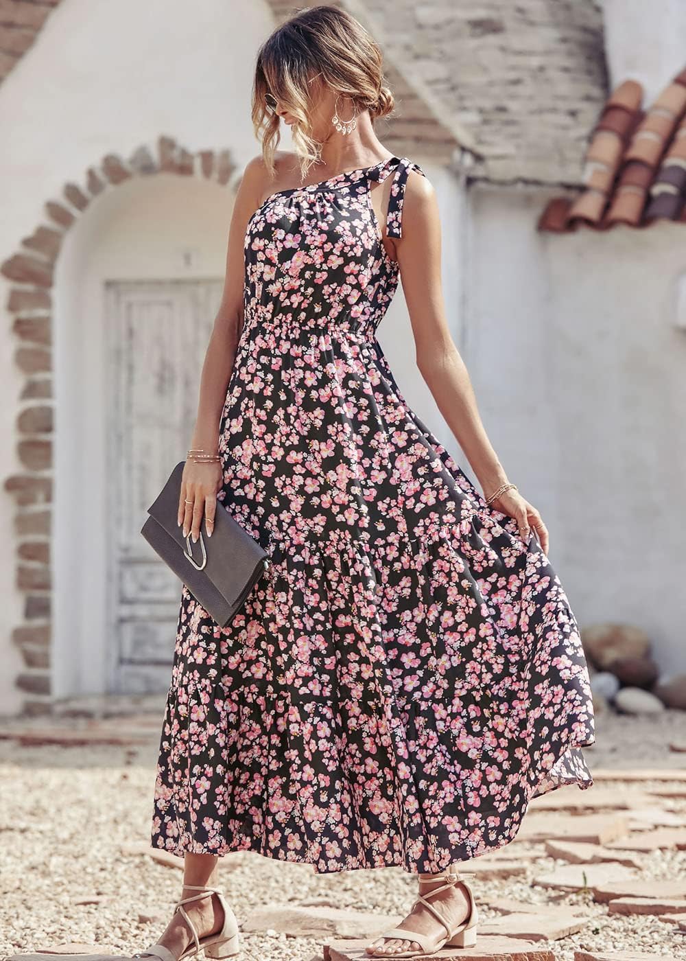 PRETTYGARDEN Women's Summer Floral Maxi Dress Knot One Shoulder Sleeveless Ruffle Flowy Boho Beach Wedding Guest Dresses