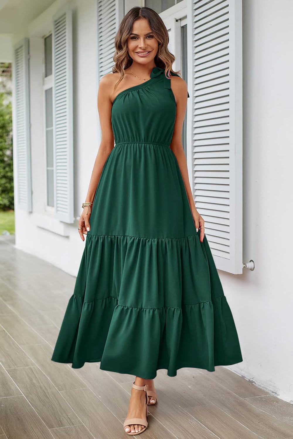 PRETTYGARDEN Women's Summer Floral Maxi Dress Knot One Shoulder Sleeveless Ruffle Flowy Boho Beach Wedding Guest Dresses