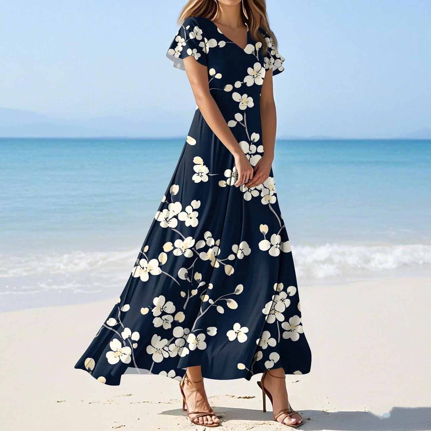Womens Fashion V Neck Ruffle Short Sleeve Maxi Dress 2025 Summer Elegant Solid Color Flowy A Line Dresses