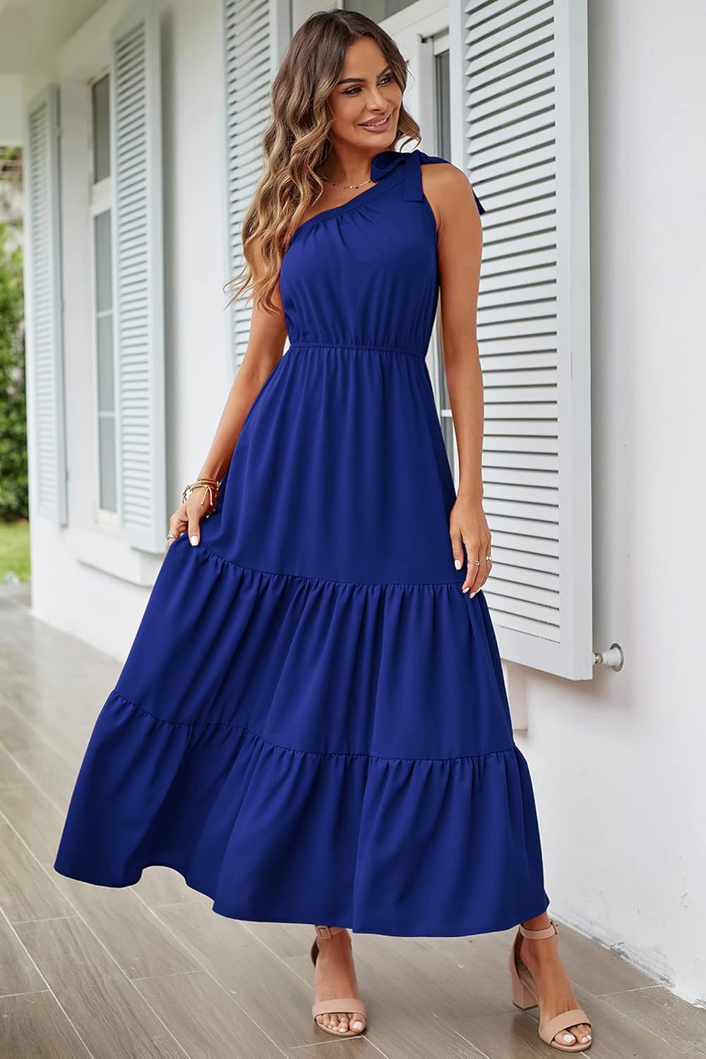 PRETTYGARDEN Women's Summer Floral Maxi Dress Knot One Shoulder Sleeveless Ruffle Flowy Boho Beach Wedding Guest Dresses