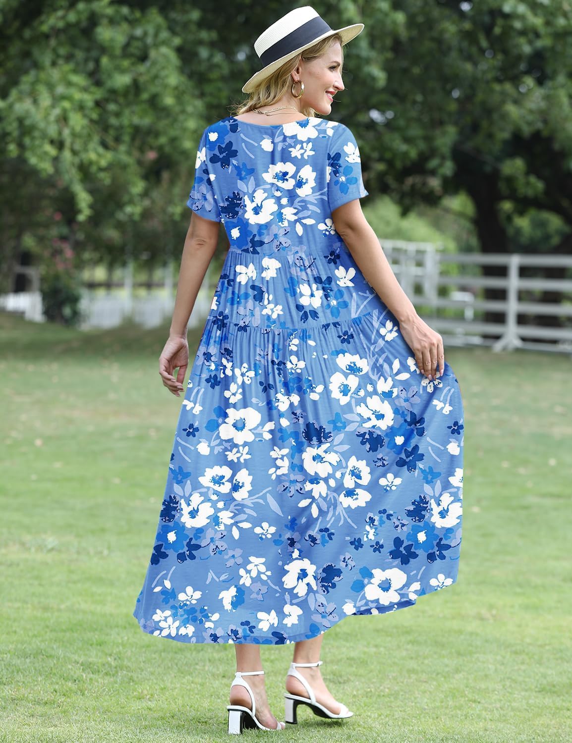 YESNO Women Casual Loose Bohemian Floral Dress with Pockets Short Sleeve Long Maxi Summer Beach Swing Dress EJF