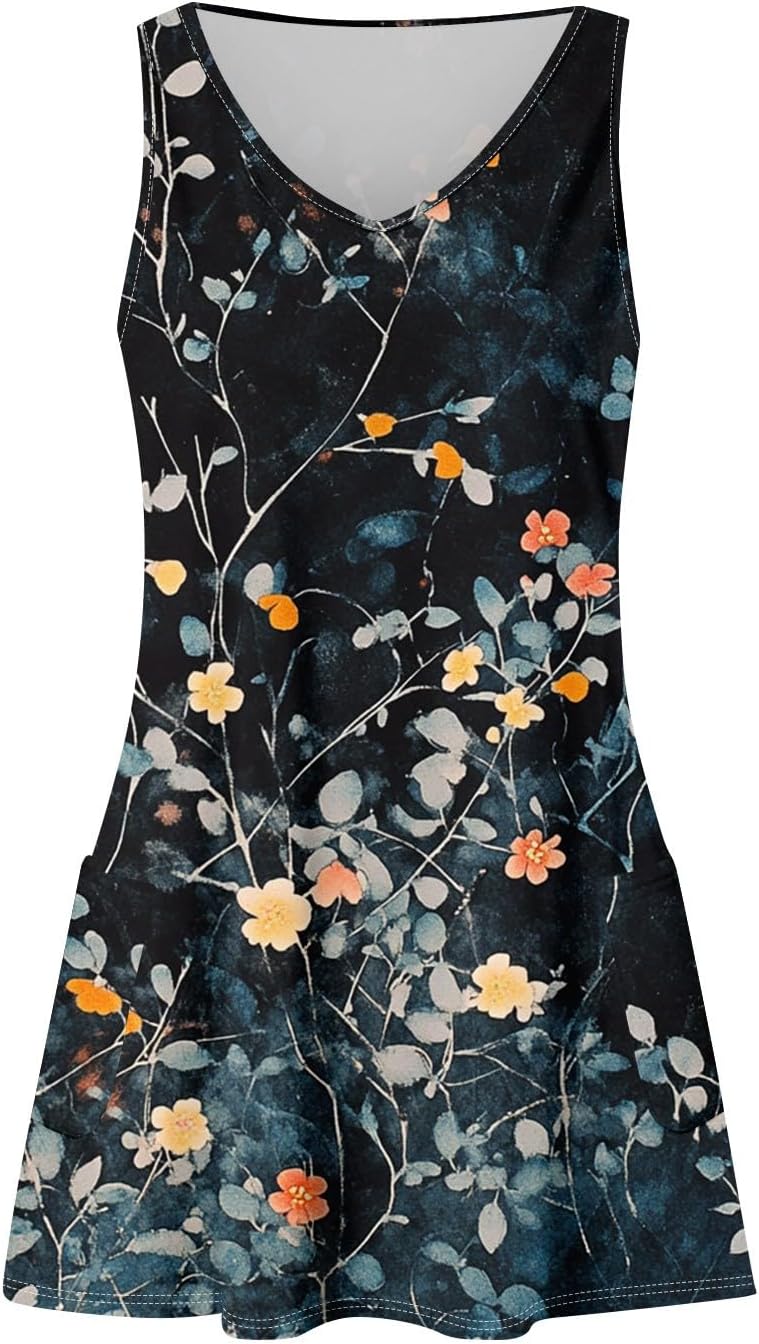 Women's Sleeveless Floral Print Summer Dress Casual V-Neck A-Line Mini Dress for Beach Party and Daily Wear