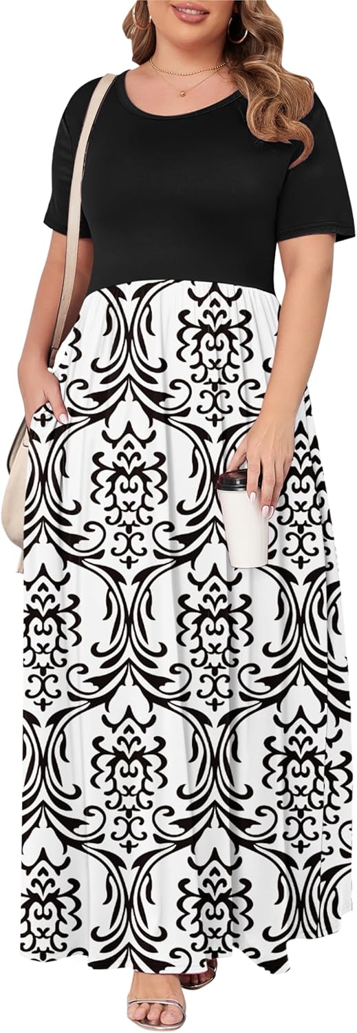 KARALIN Women’s Plus Size Maxi Dresses for Curvy Women Summer Casual Short Sleeve 2025 Long Dress 14W-26W