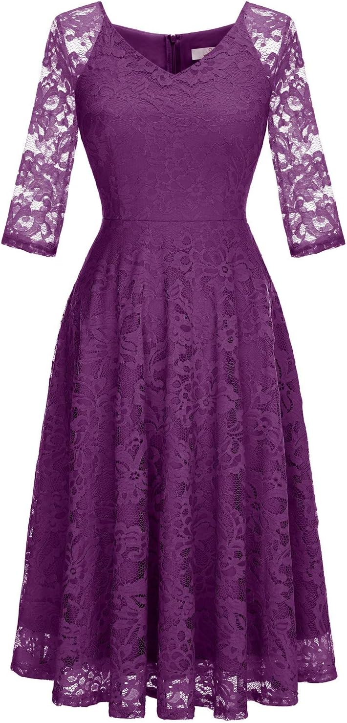 Dressystar Womens Long-Sleeve Wedding Guest Dress A-Line Lace Formal Party Cocktail Midi Dress Prom Gown