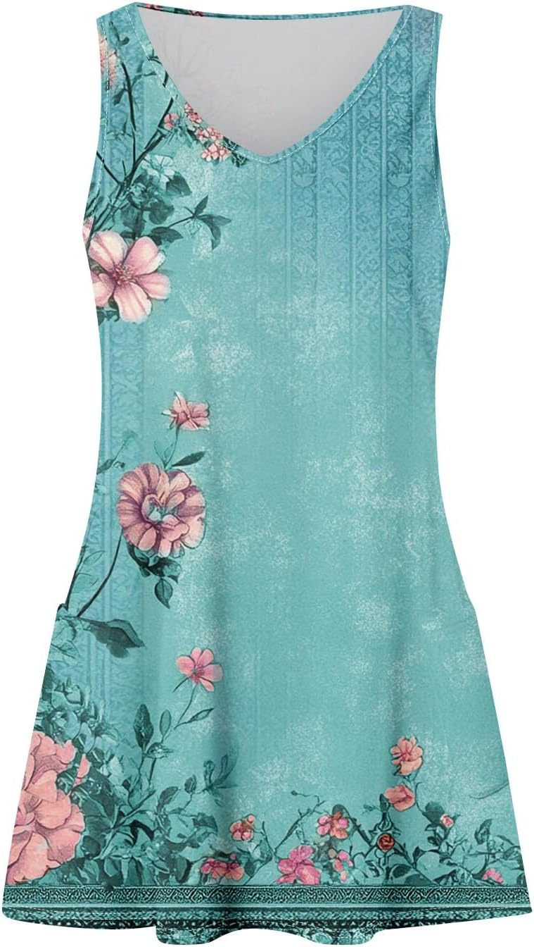 Women's Sleeveless Floral Print Summer Dress Casual V-Neck A-Line Mini Dress for Beach Party and Daily Wear