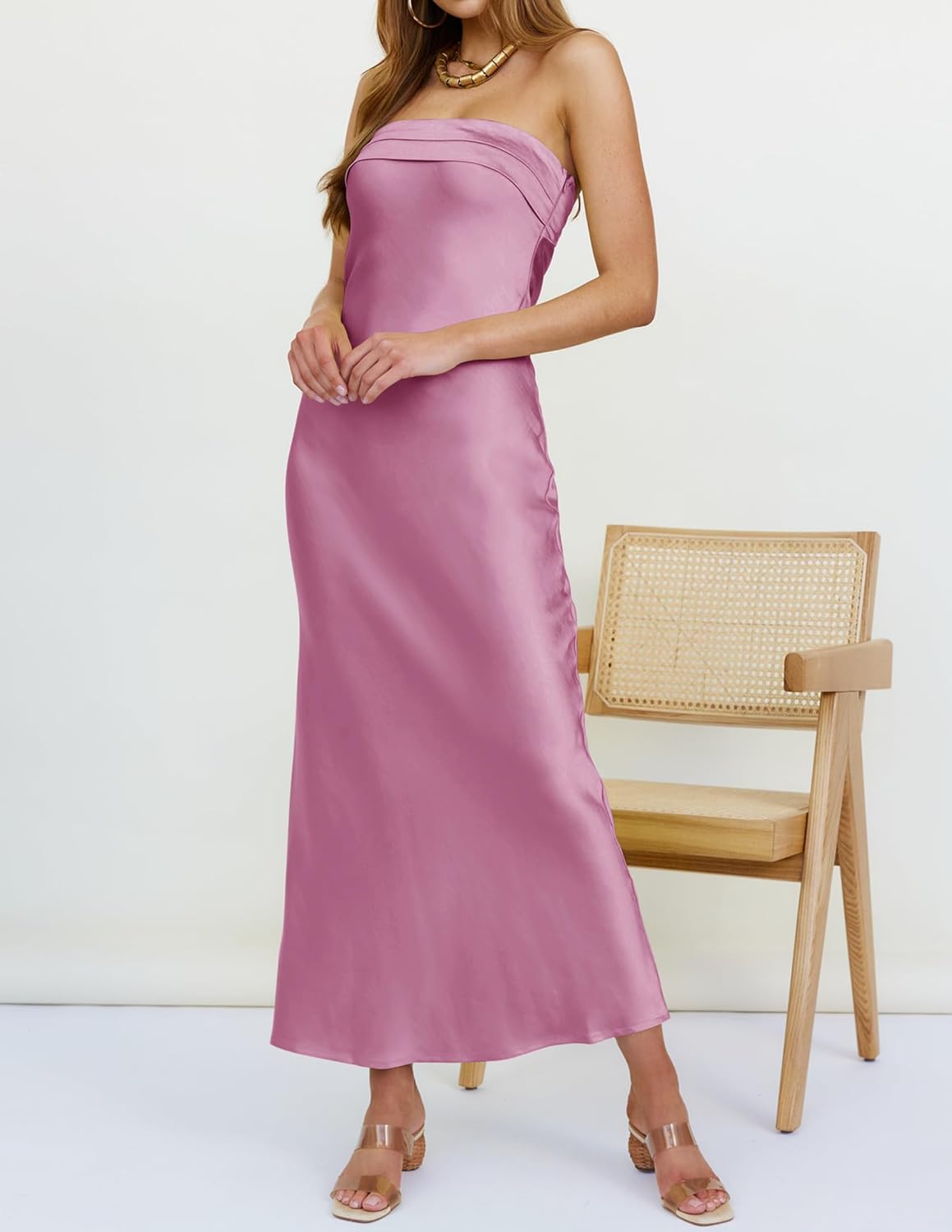MEROKEETY Women 2025 Summer Strapless Satin Tube Bodycon Backless Wedding Guest Maxi Dress