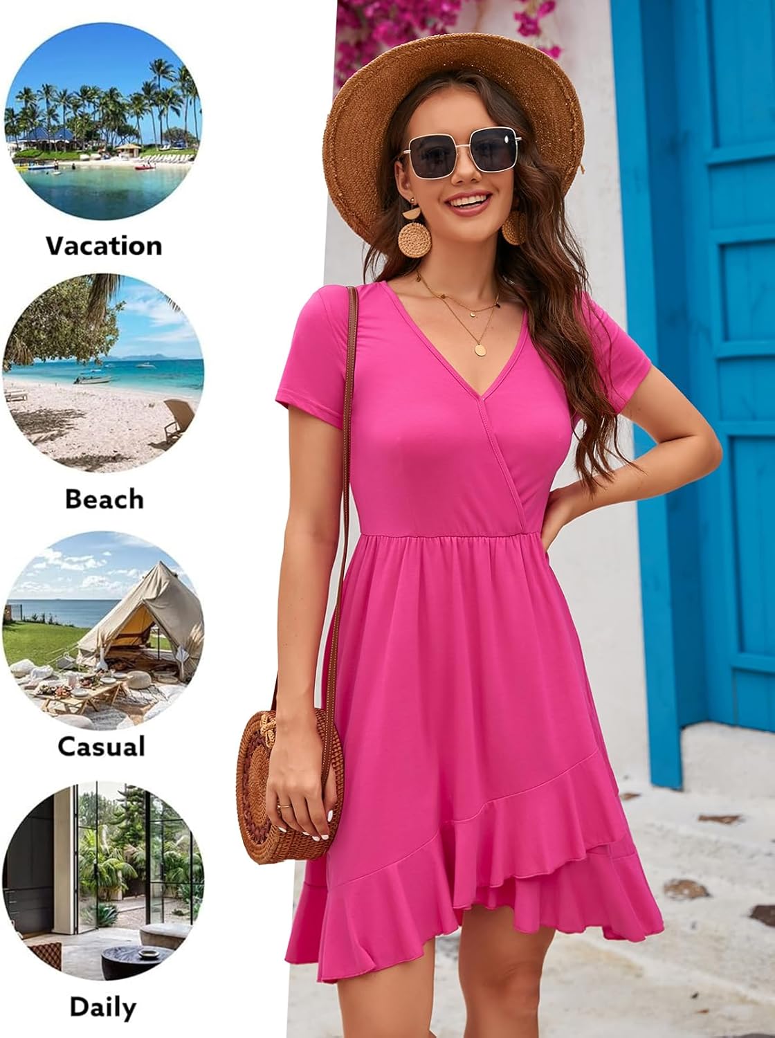 ULTRANICE Womens Summer Dresses Floral V Neck Ruffled Hem Spaghetti Spring Casual Beach Outfits Flowy Wrap Sun Dress
