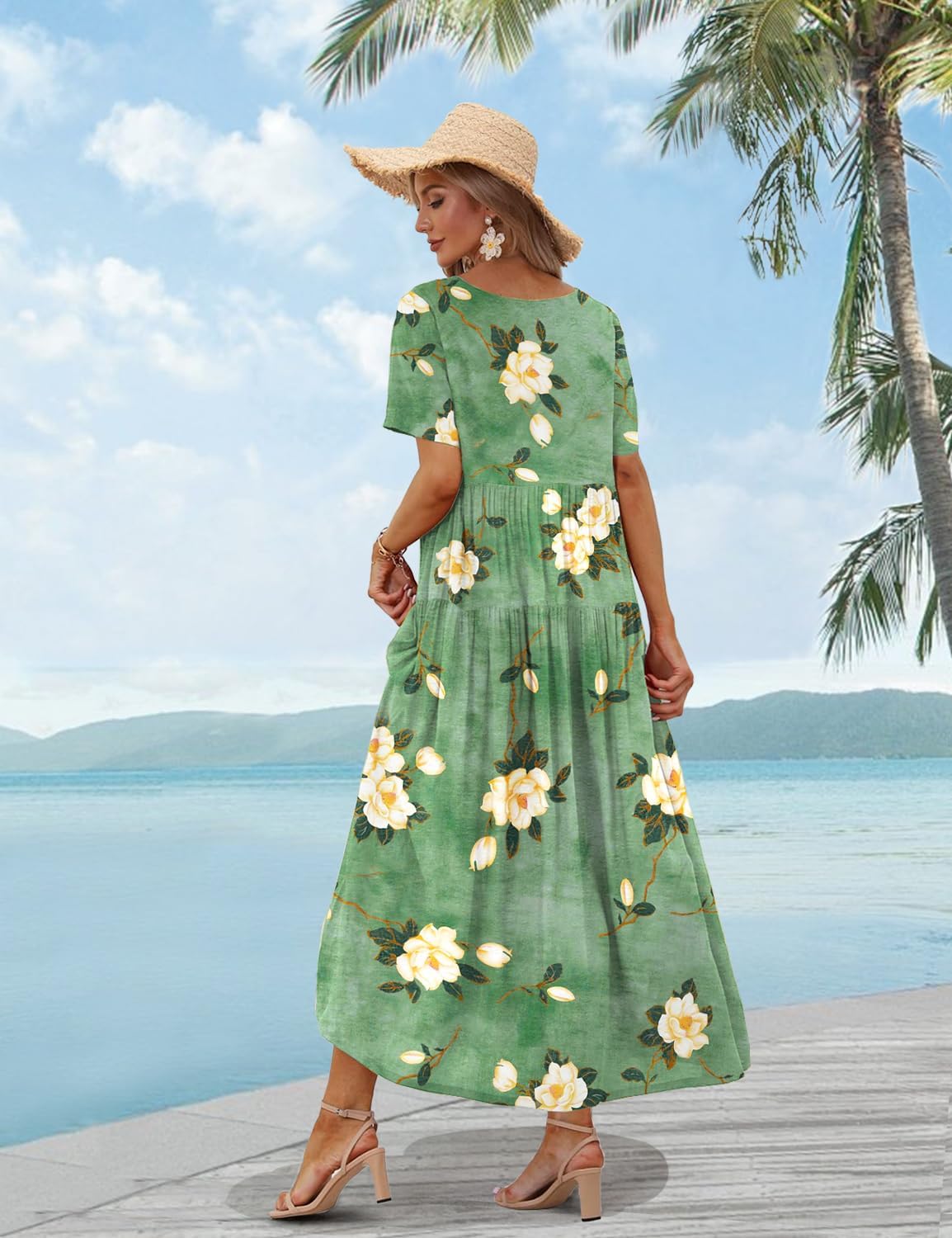 YESNO Women Casual Loose Bohemian Floral Dress with Pockets Short Sleeve Long Maxi Summer Beach Swing Dress EJF