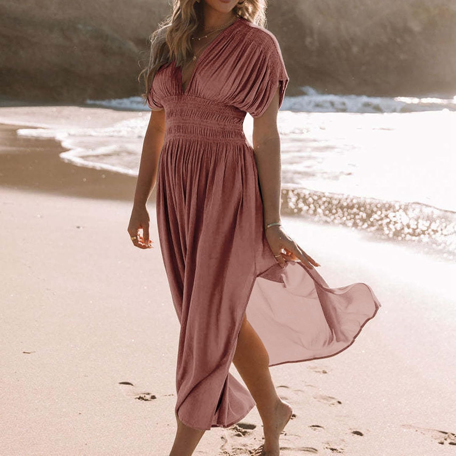 Women's Casual Maxi Dresses Ruffle Sleeve Smocked Dress High Waisted Plus Size Long Dresses Split Flowy Sundress