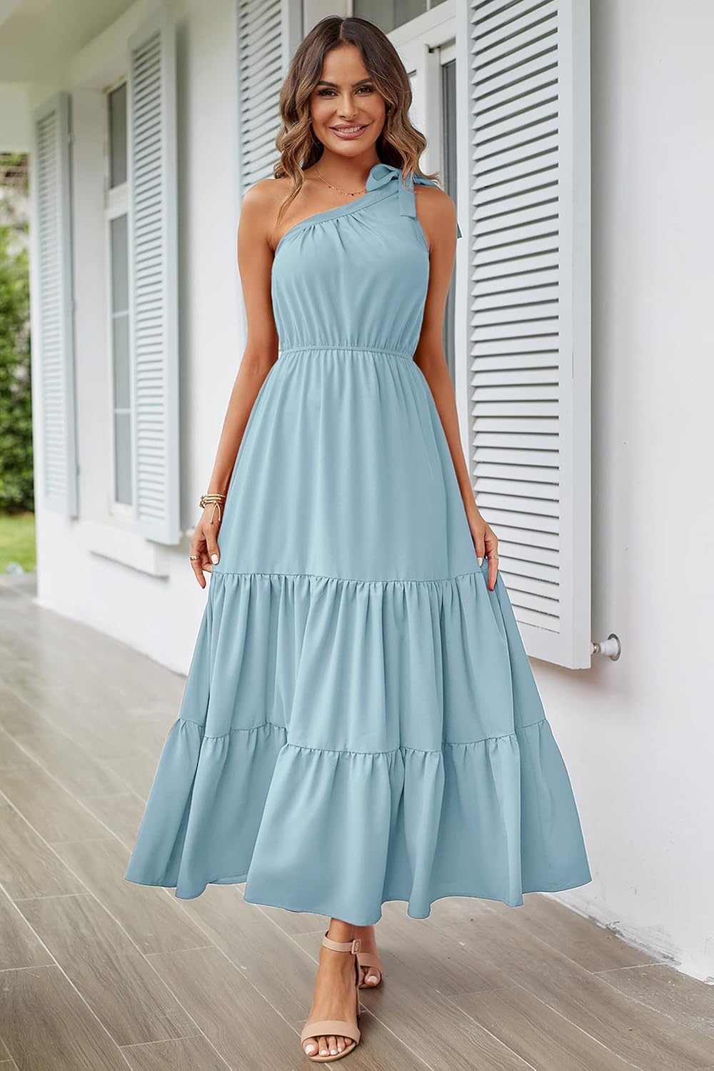 PRETTYGARDEN Women's Summer Floral Maxi Dress Knot One Shoulder Sleeveless Ruffle Flowy Boho Beach Wedding Guest Dresses