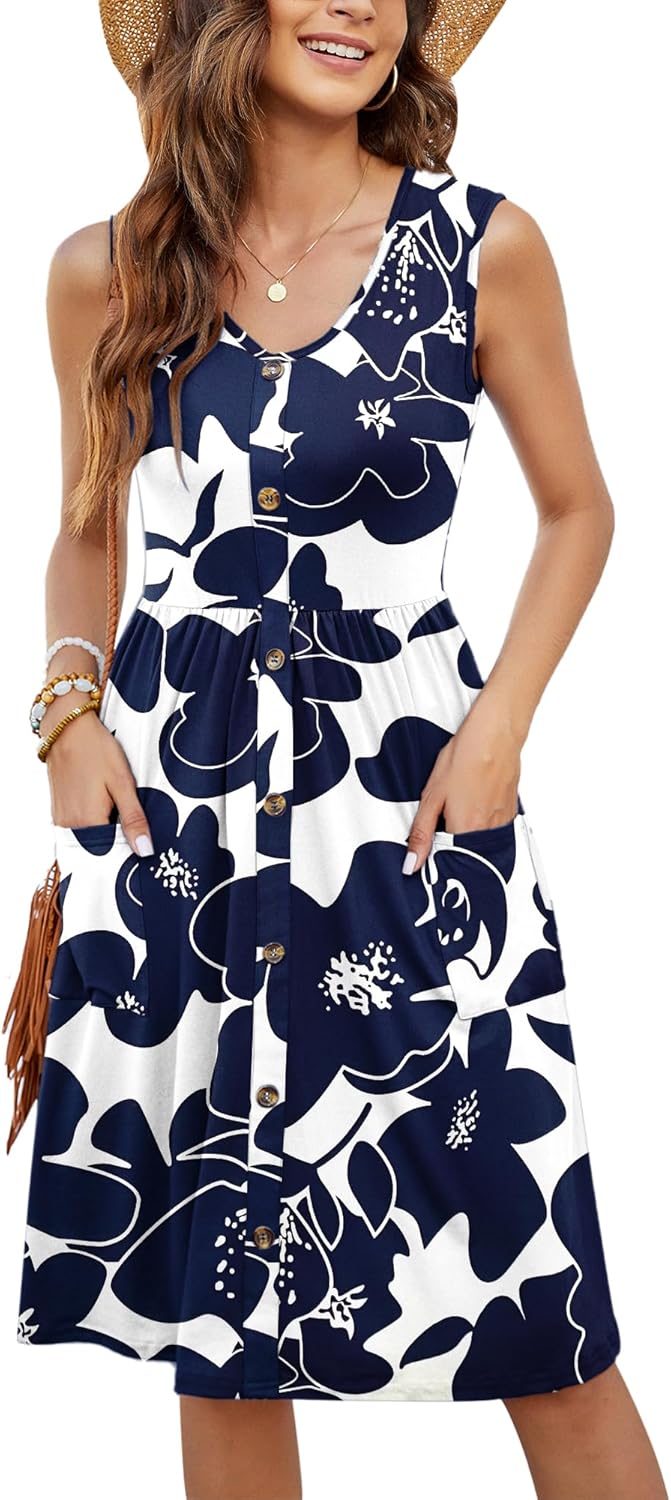 MOLERANI Women Summer Dresses Sleeveless Casual Loose Swing Button Down Midi Dress with Pockets