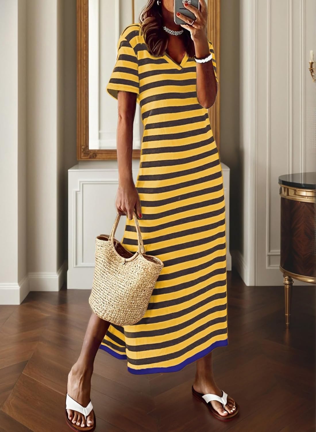 Dokotoo Summer Dress Casual Womens Fashion Short Sleeve Maxi Dress T Shirt Dress Striped Long Color Block Maxi Dress