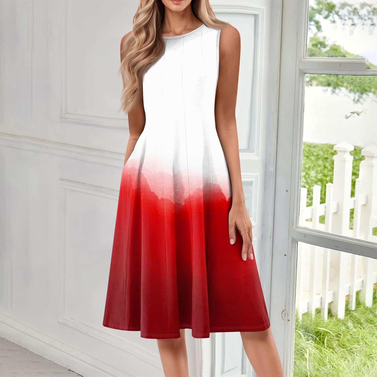 Womens Tank Sundress 2025 Casual Floral Print Tshirt Dress Swing Sleeveless Midi Dress Crewneck Pleated Summer Dresses