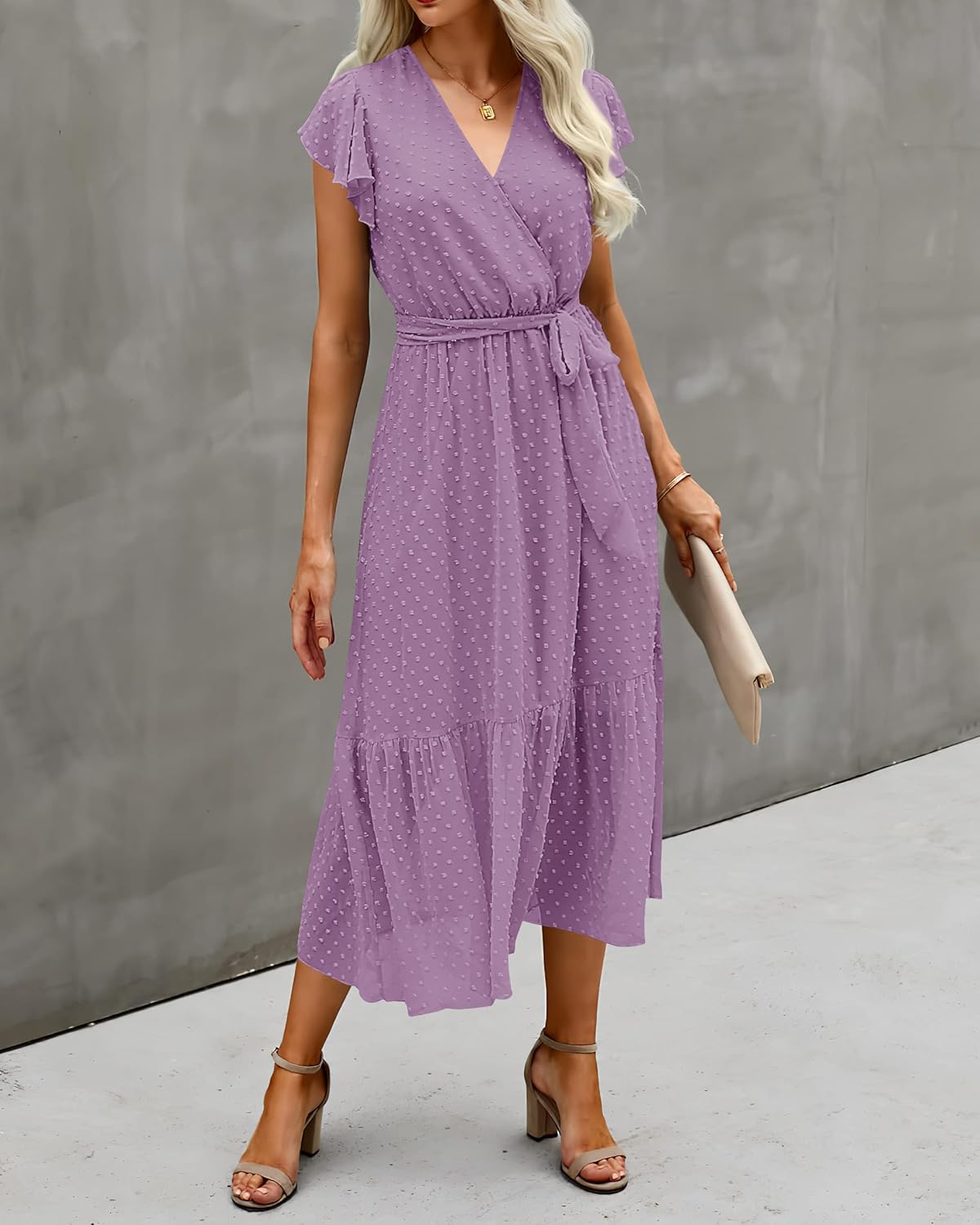 BTFBM Women Summer Bohemian Floral Casual Wrap V Neck Ruffle Cap Sleeveless Belt A-Line Pleated Hem Midi Sun Dress White