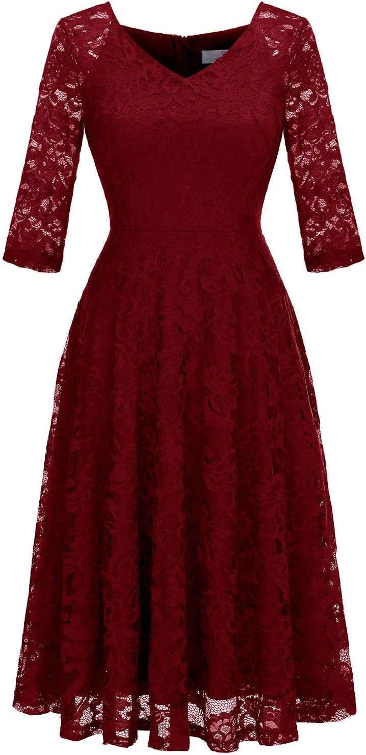 Dressystar Womens Long-Sleeve Wedding Guest Dress A-Line Lace Formal Party Cocktail Midi Dress Prom Gown