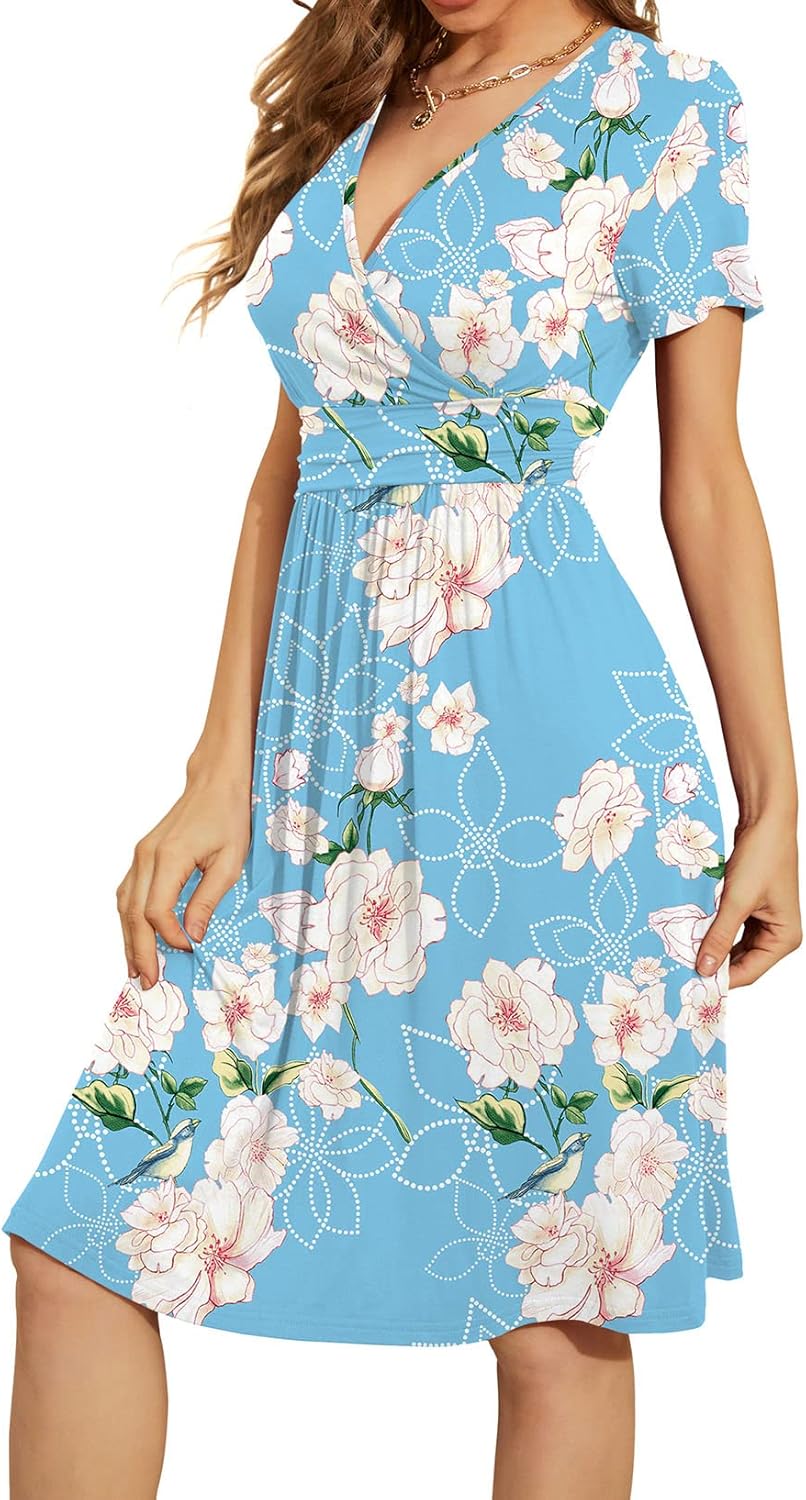 WEACZZY Women's Summer Short Sleeve Casual Dresses V-Neck Floral Party Dress with Pockets