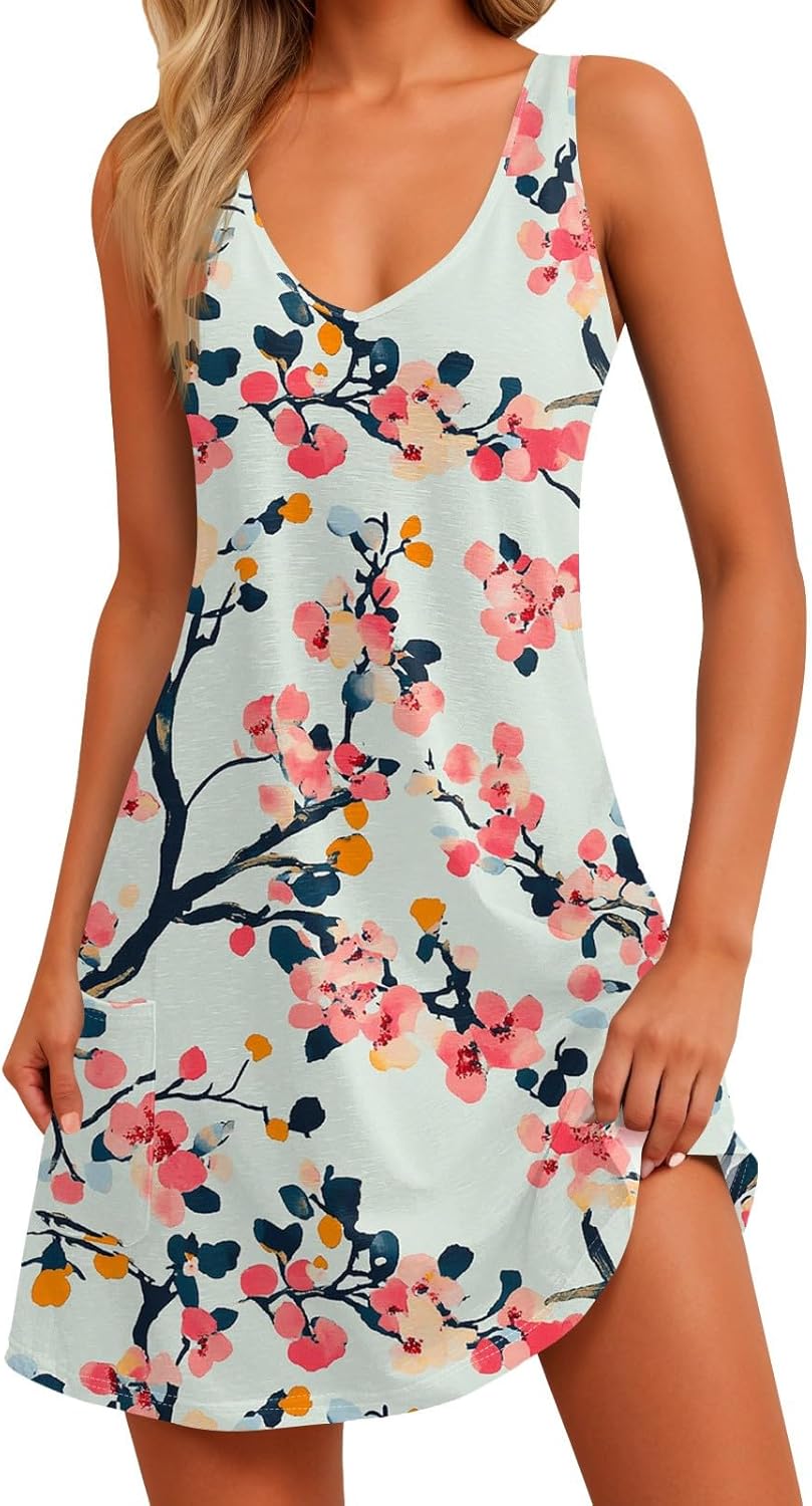 Women's Sleeveless Floral Print Summer Dress Casual V-Neck A-Line Mini Dress for Beach Party and Daily Wear