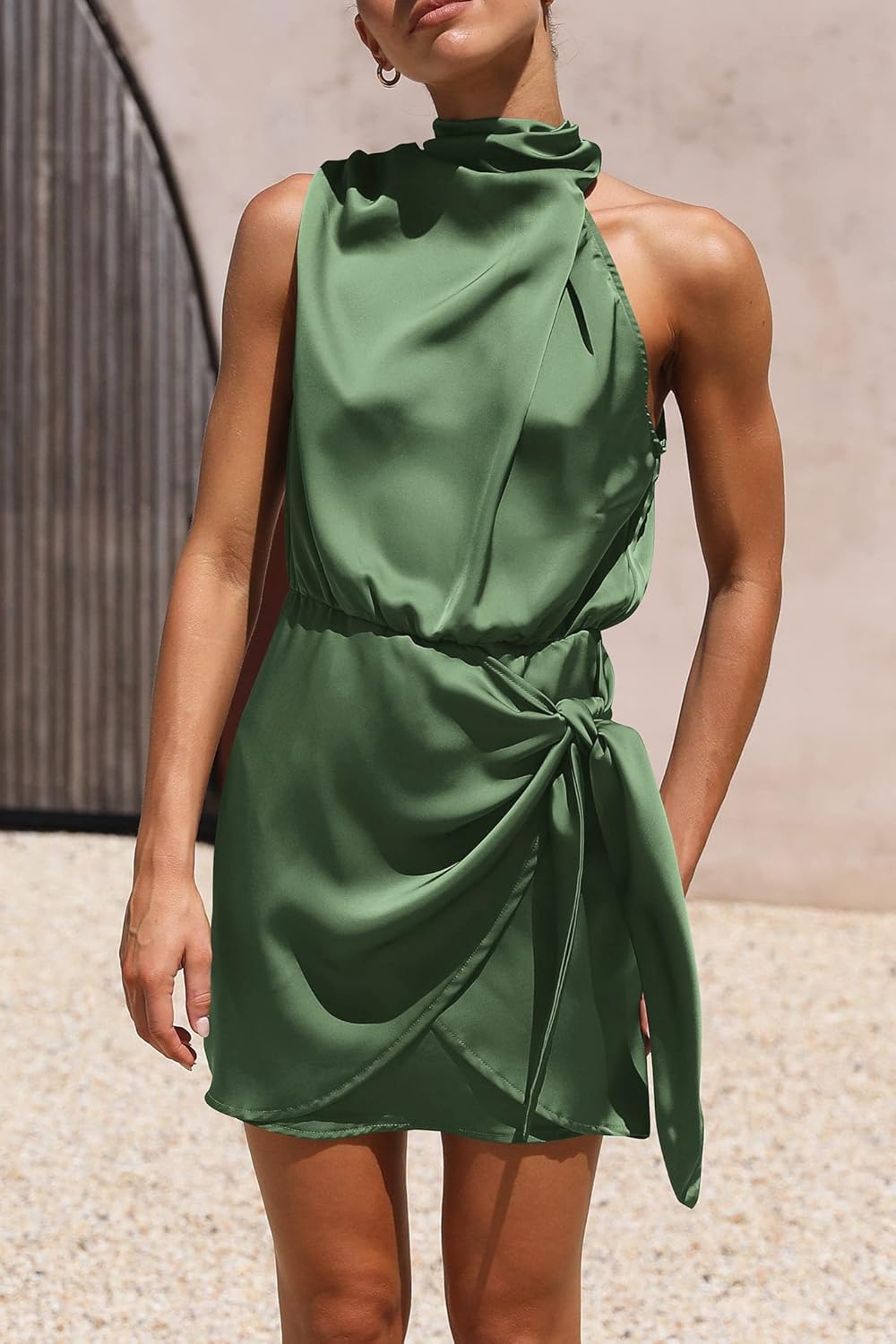PRETTYGARDEN Women's Short Formal Satin Dress Summer Sleeveless Mock Neck Tie Waist Cocktail Party Dresses
