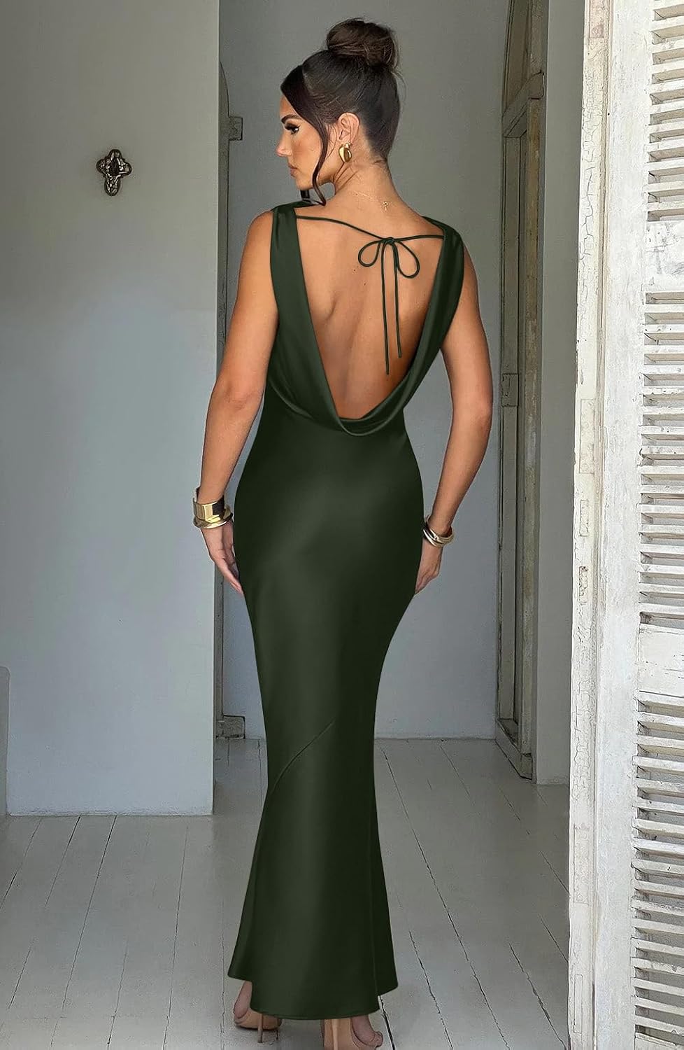 Memoriesea Women's Satin Elegant Sleeveless High Neck Tie Cocktail Party Maxi Dress