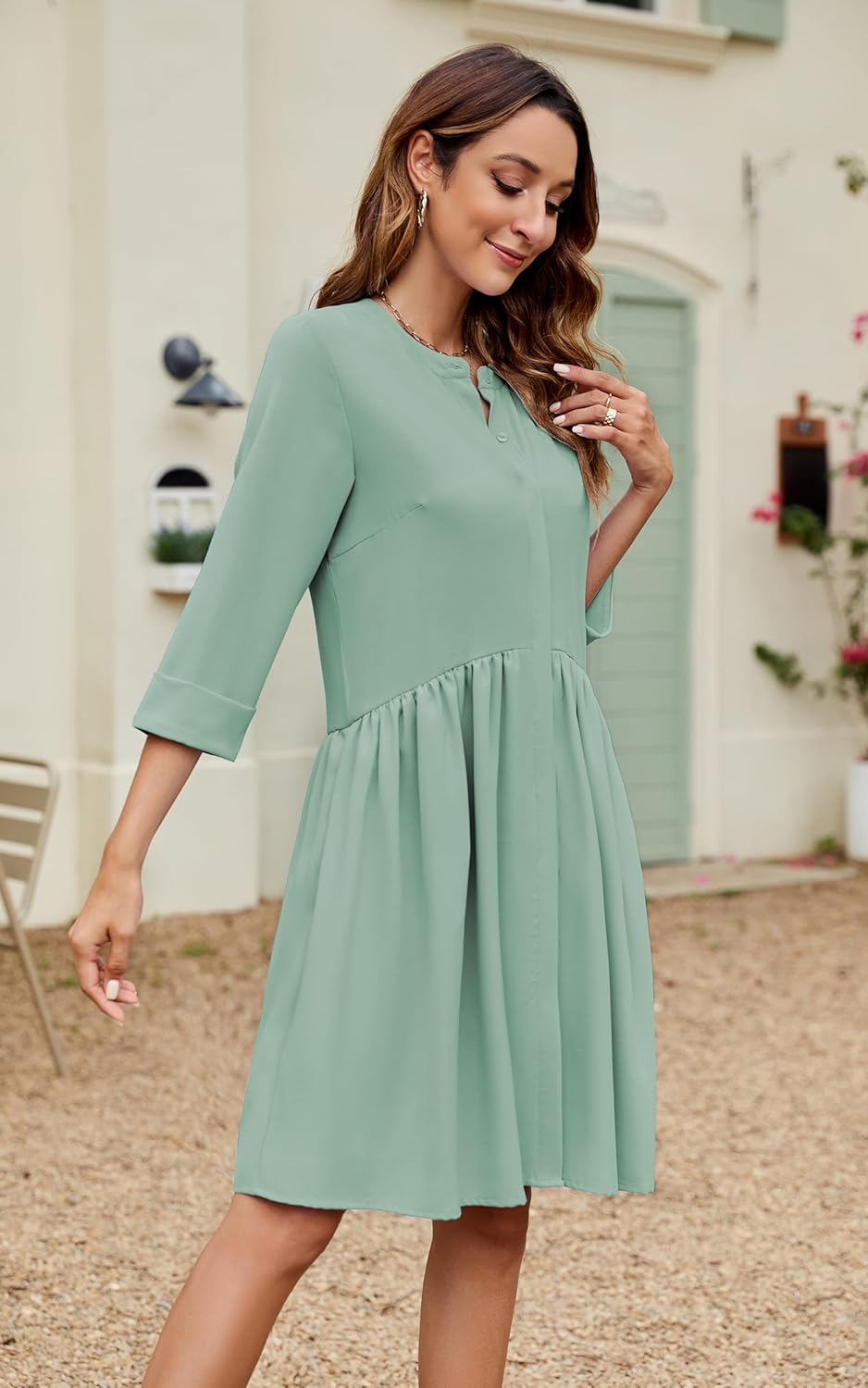 CCTOO Women's Summer Dresses Casual V Neck Button Down 3/4 Sleeve Floral Print Loose Flowy Shirt Dress