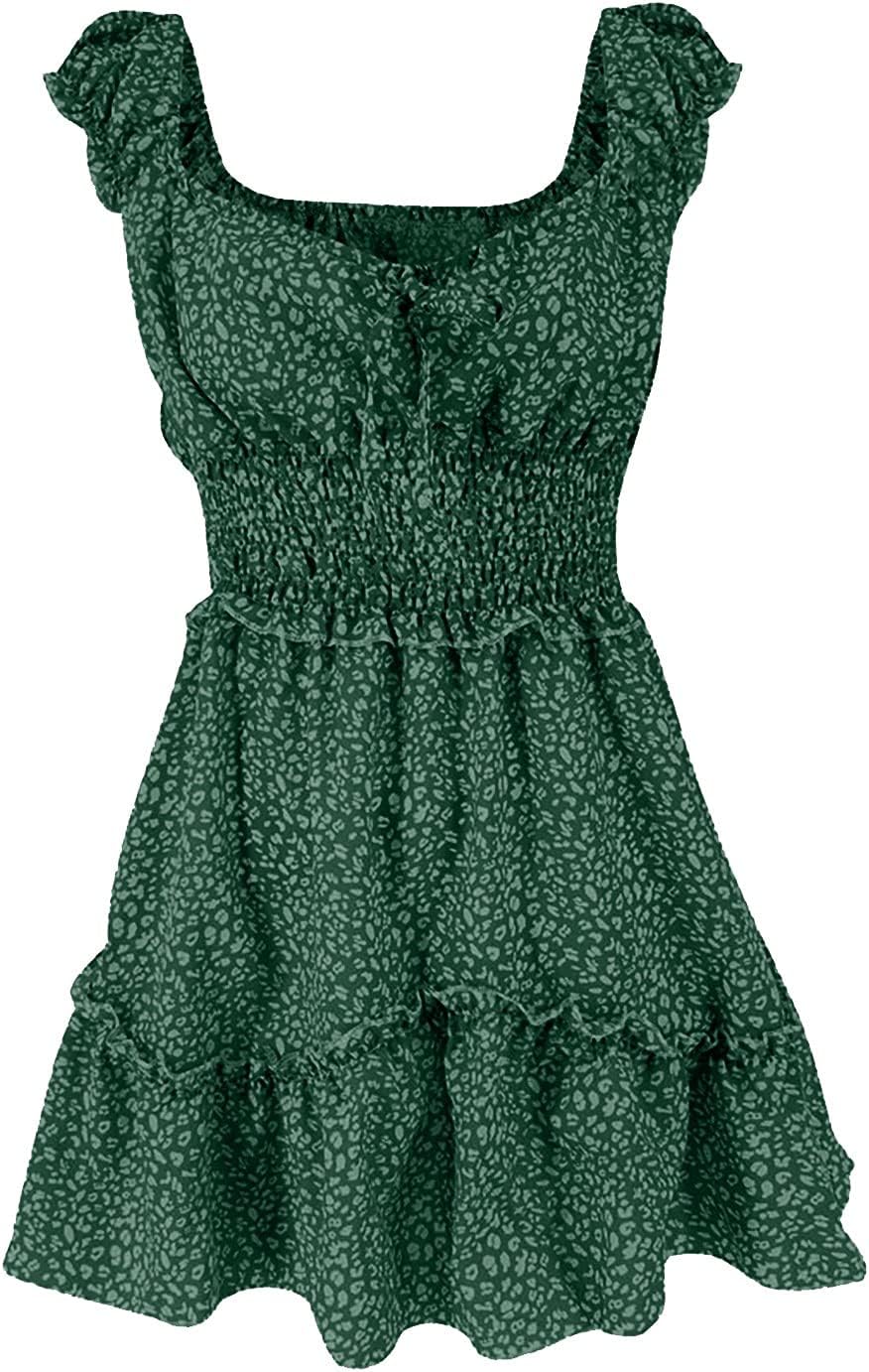 iQKA Women Short Mini Dress Summer Bohemian Floral Print Short Sleeve Square Neck Sexy Babydoll Dresses S-3XL