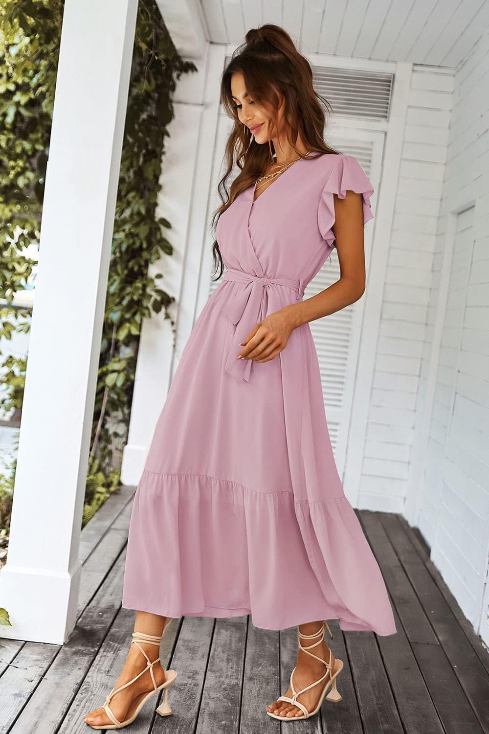 PRETTYGARDEN Women's Summer Floral Boho Dress Wrap V Neck Short Sleeve Ruffle A-Line Flowy Maxi Wedding Guest Dresses