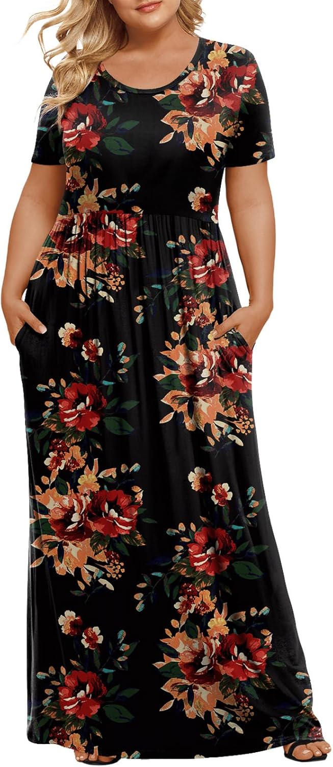 LONGYUAN Women's Plus Size Maxi Dresses for Curvy Women Summer Short Sleeve Casual 2025 Long Dress XL-6XL