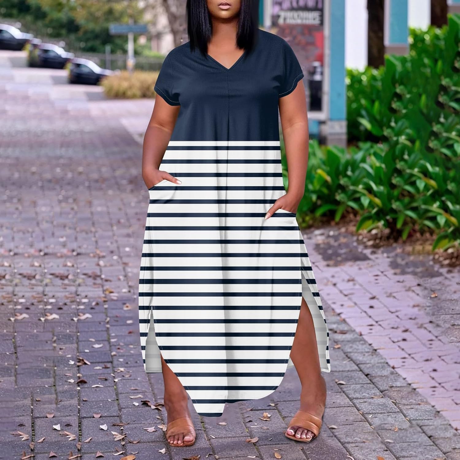 Maxi Dresses for Women 2025 Plus Size Tie Dye V Neck Dress Short Sleeve Side Split Beach Summer Sundress with Pocket